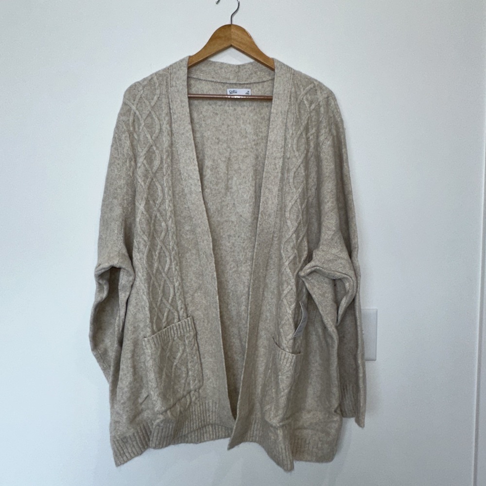 CROFT & BARROW Womens Cable Cardigan Open Front Size 4X Taupe Soft Knit New